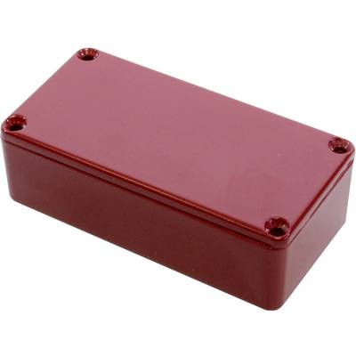 Boîtier rectangulaire rouge aux coins arrondis, adapté aux composants électroniques ou aux projets.