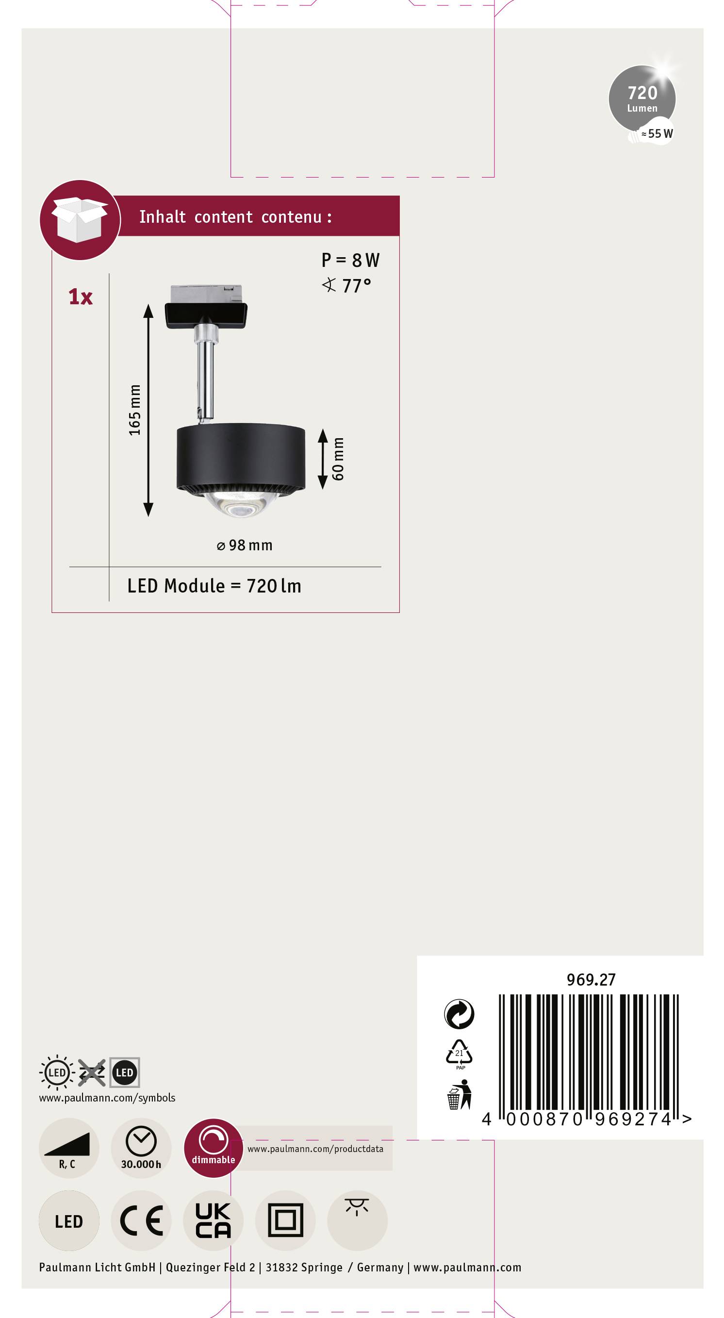 'Projecteur LED Panama, 98 mm, 720 lumens, 8 watts, angle de diffusion 77°, noir, contient 1 pièce. Emballage avec illustration du produit et détails.'
