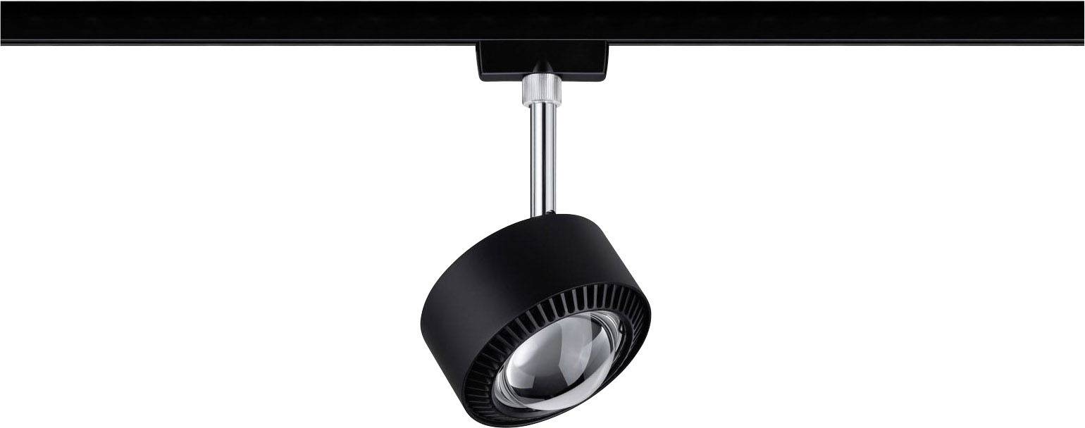 Un luminaire sur rail noir au design moderne, monté sur un rail de plafond. Idéal pour un éclairage ciblé dans les espaces intérieurs.
