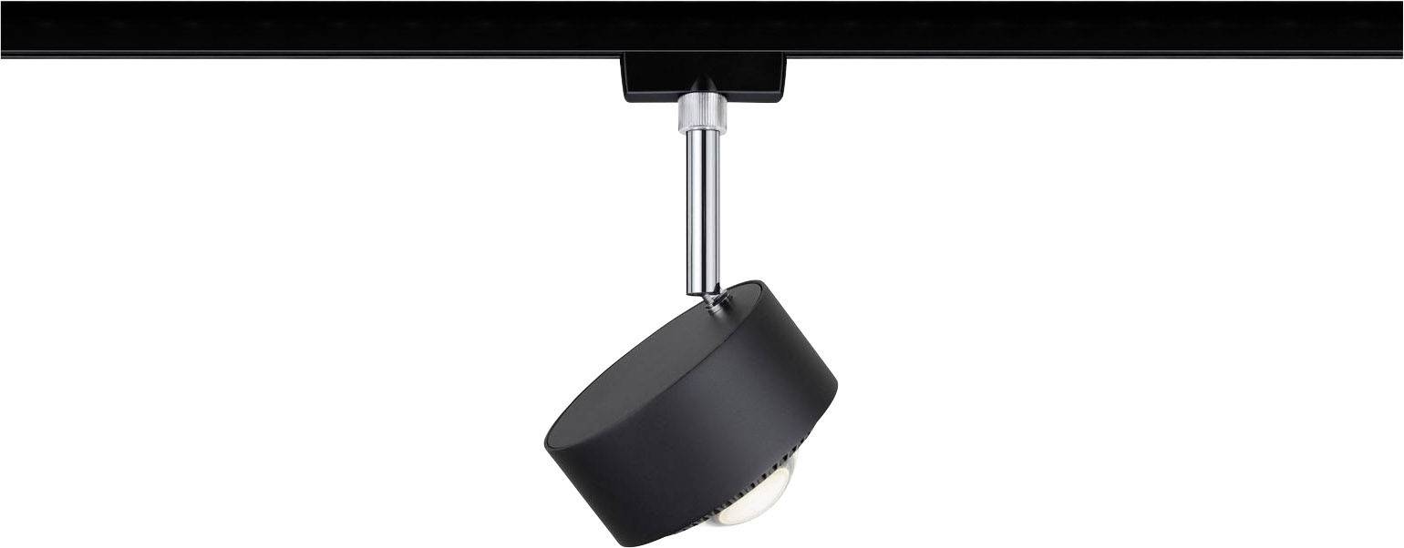 Plafonnier noir avec un boîtier d'éclairage rond fixé sur un bras articulé argenté, monté sur un rail noir. Idéal pour un éclairage flexible.