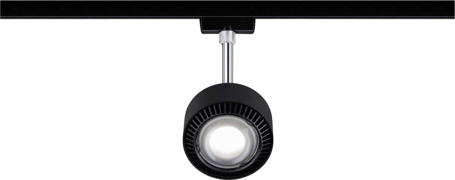 Projecteur noir monté sur rail noir, dirigeant sa lumière vers le bas.