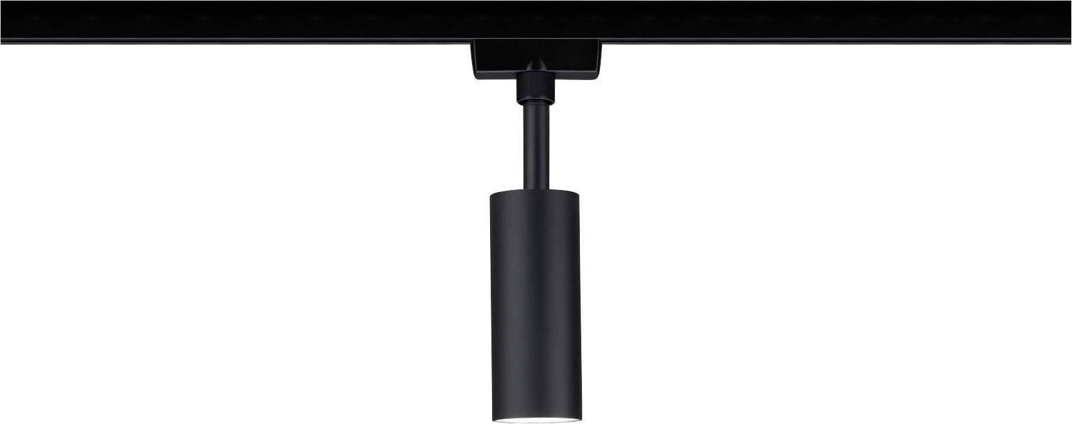 Un luminaire cylindrique noir est suspendu à une rail noire.