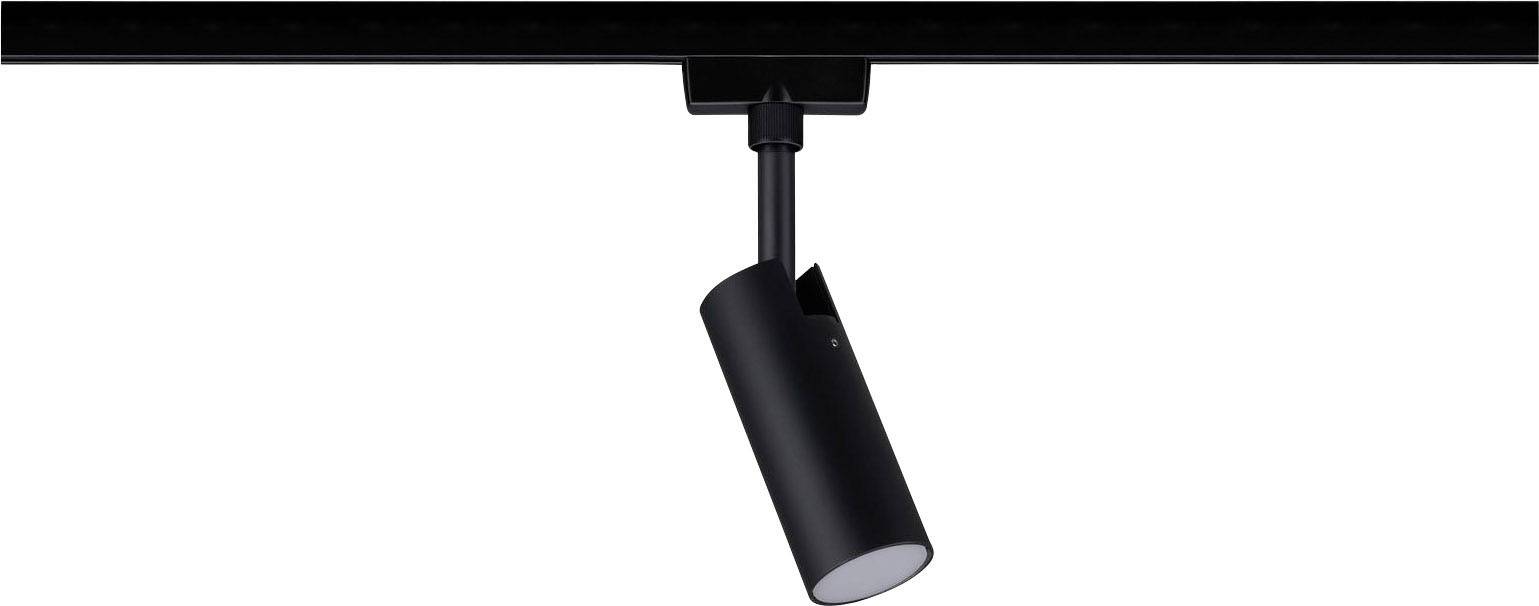 Un projecteur LED noir cylindrique monté sur rail, souvent utilisé pour un éclairage directionnel dans des espaces intérieurs modernes.