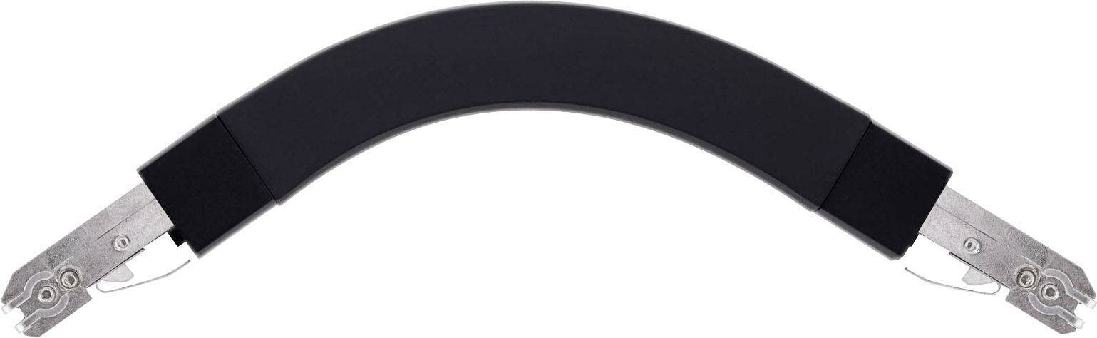 Un accessoire de porte courbé en noir avec des éléments métalliques argentés à chaque extrémité, probablement destiné aux meubles ou aux portes.