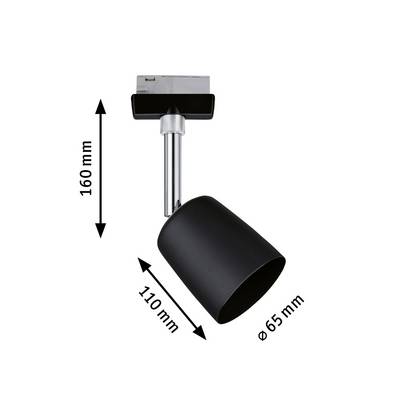 Un plafonnier noir avec spot réglable. Dimensions : hauteur 160 mm, largeur 110 mm, diamètre du luminaire 65 mm.