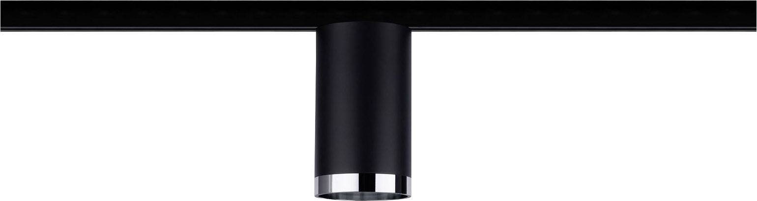 Projecteur cylindrique noir avec bordure argentée, monté sur un rail noir. Idéal pour un éclairage intérieur moderne.