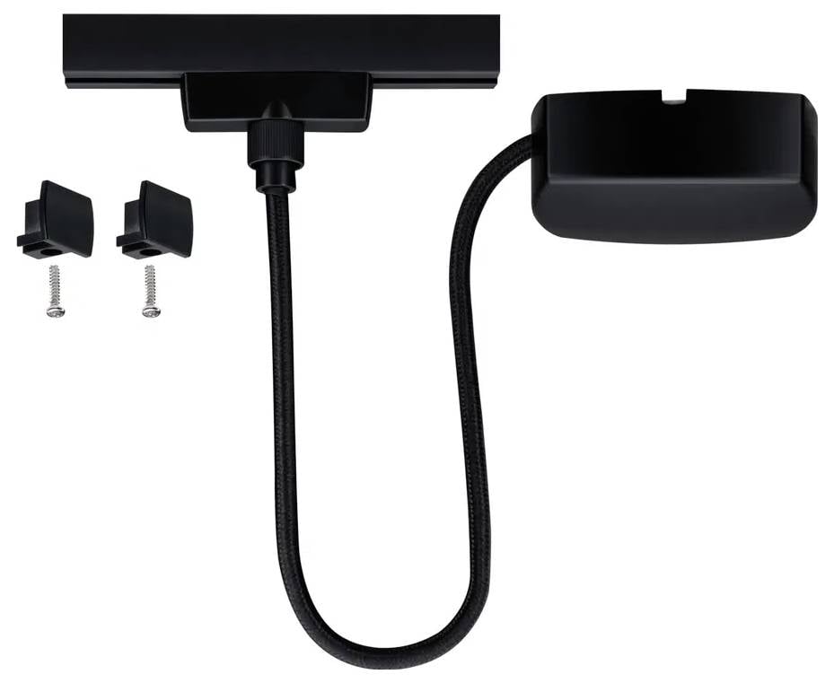 Support de dispositif en noir avec support flexible et matériel de montage, composé de vis et de petites pinces de fixation.