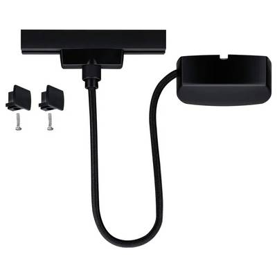 Support de dispositif en noir avec support flexible et matériel de montage, composé de vis et de petites pinces de fixation.
