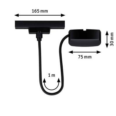 'Lampe linéaire noire de 165 mm de large avec un câble de 1 m. Support mural mesurant 75 mm de large et 30 mm de hauteur. Dimensions indiquées en millimètres.'