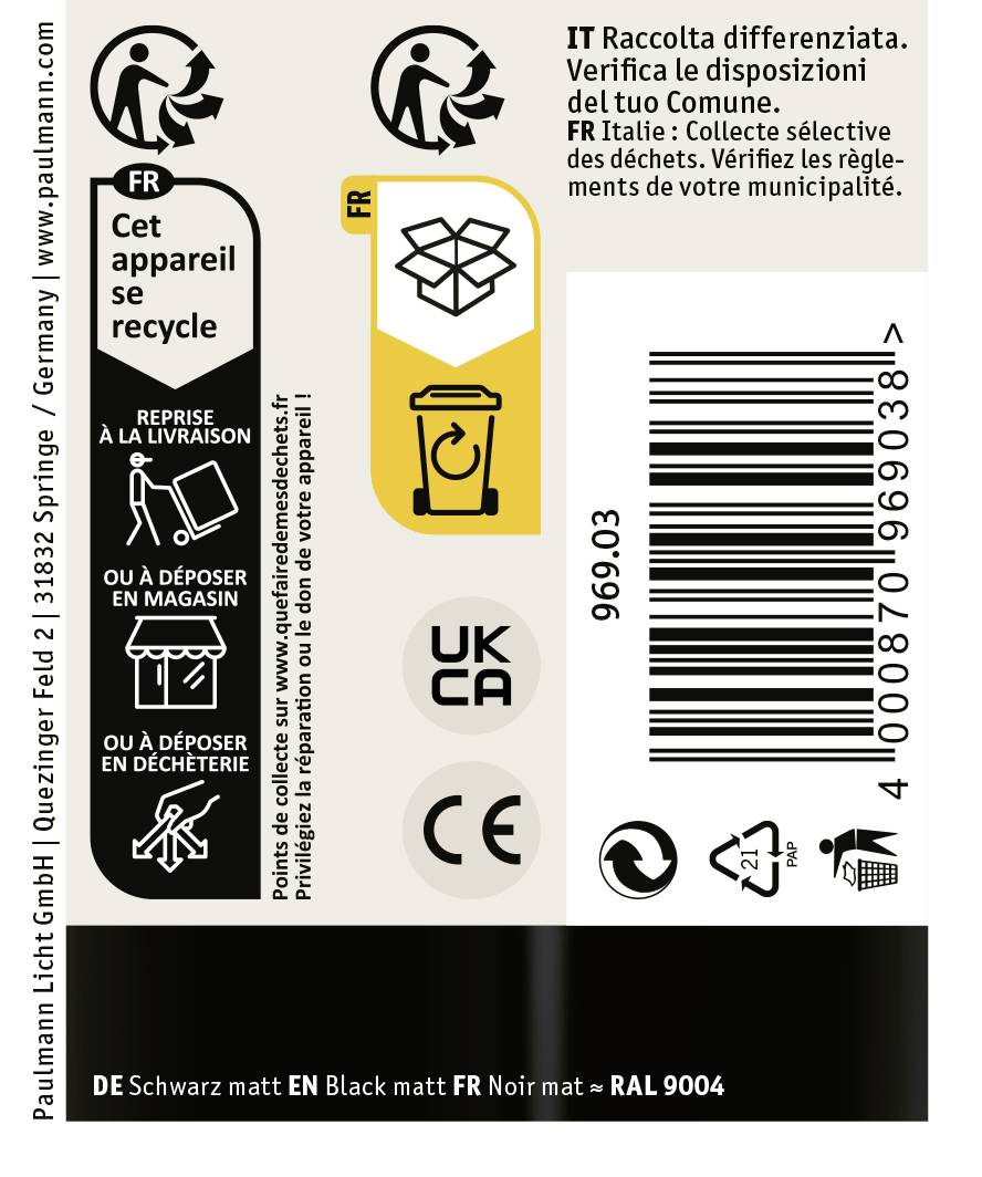'DE Noir mat EN Black matt FR Noir mat = RAL 9004' et autres instructions de recyclage sur une étiquette d'appareil en plusieurs langues.