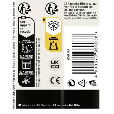 'DE Noir mat EN Black matt FR Noir mat = RAL 9004' et autres instructions de recyclage sur une étiquette d'appareil en plusieurs langues.