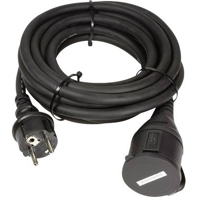 Rallonge électrique noire avec fiche Schuko et prise, enroulée et fixée avec deux serre-câbles.