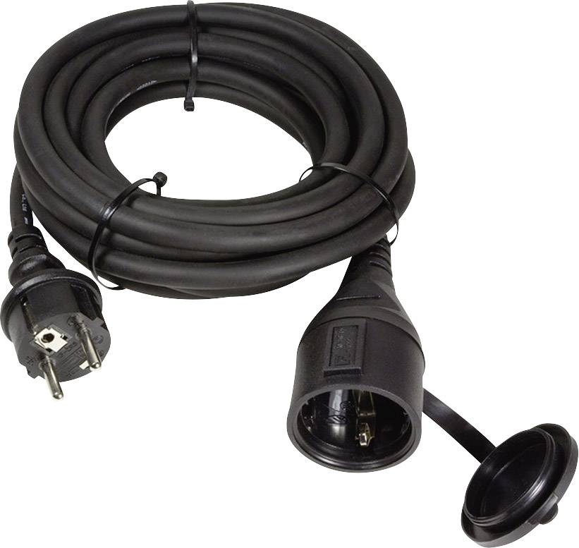 Un long câble de rallonge noir avec une fiche Schuko et un coupleur, enroulé et doté d'un capuchon de protection pour la prise.