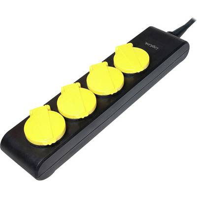 Barrette d'alimentation noire avec quatre cache-prises jaunes, adaptée pour une sécurité renforcée.