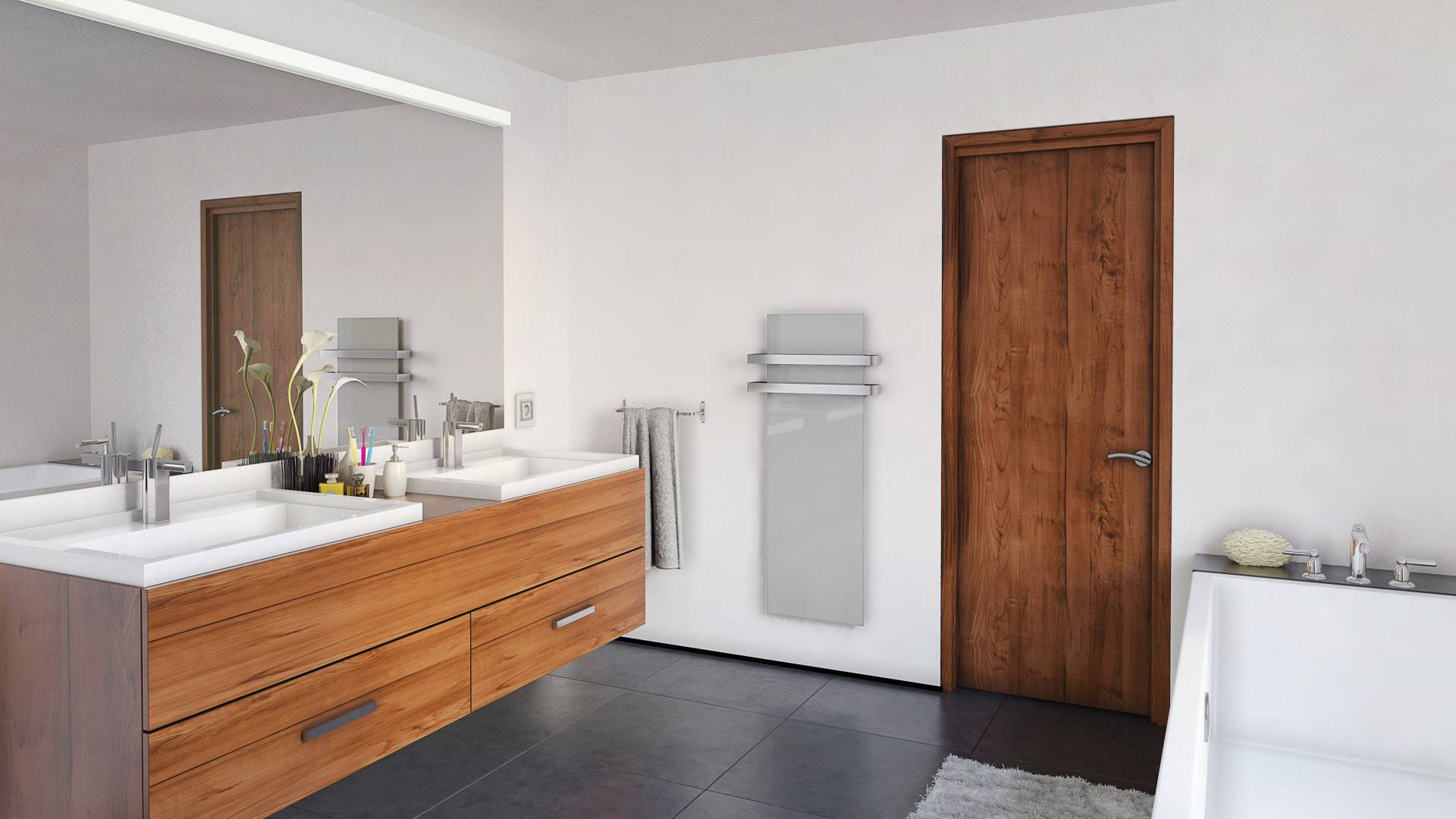 Espace de salle de bain moderne avec des meubles de bain en bois, des double-vasques et une baignoire blanche. Porte et sol dans des tons foncés.