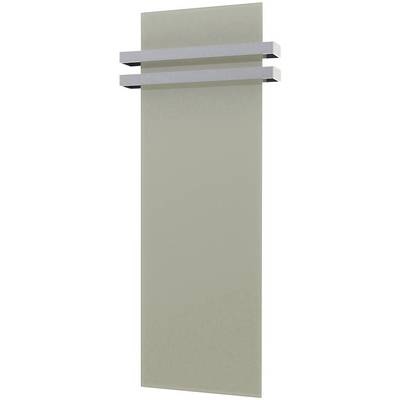 Un radiateur rectangulaire et plat de couleur beige neutre, avec deux bandes horizontales argentées sur le dessus, au design épuré.