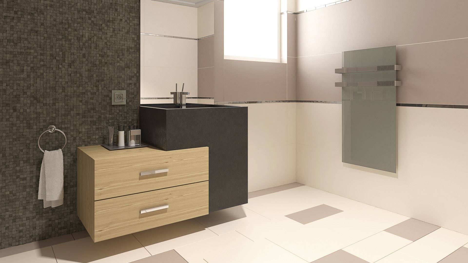 Salle de bain moderne avec lavabo noir, deux tiroirs en bois, porte-serviettes et miroir mural sous une lumière naturelle.