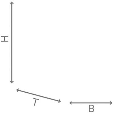 Disposition en forme de 'V' comprenant trois lignes : une verticale étiquetée 'H', une diagonale étiquetée 'T', et une horizontale étiquetée 'B'.