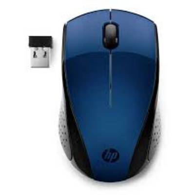 Souris bleue sans fil avec son récepteur USB à côté, adaptée aux connexions PC.