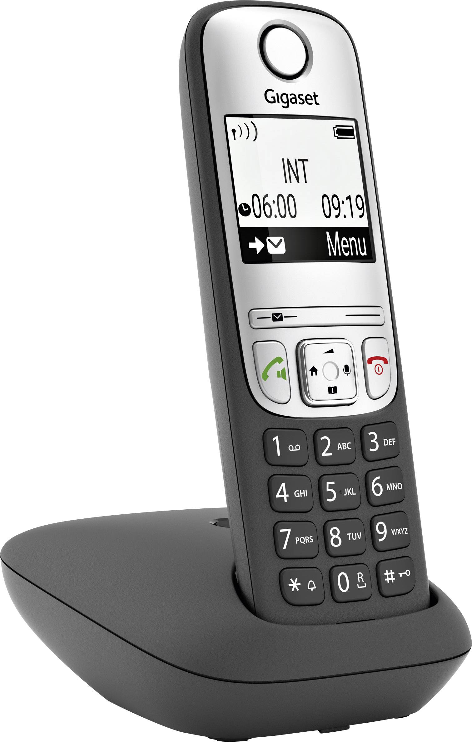 Téléphone sans fil avec station de base. L'écran affiche l'heure et les options de menu. Touches visibles pour la composition et la navigation.