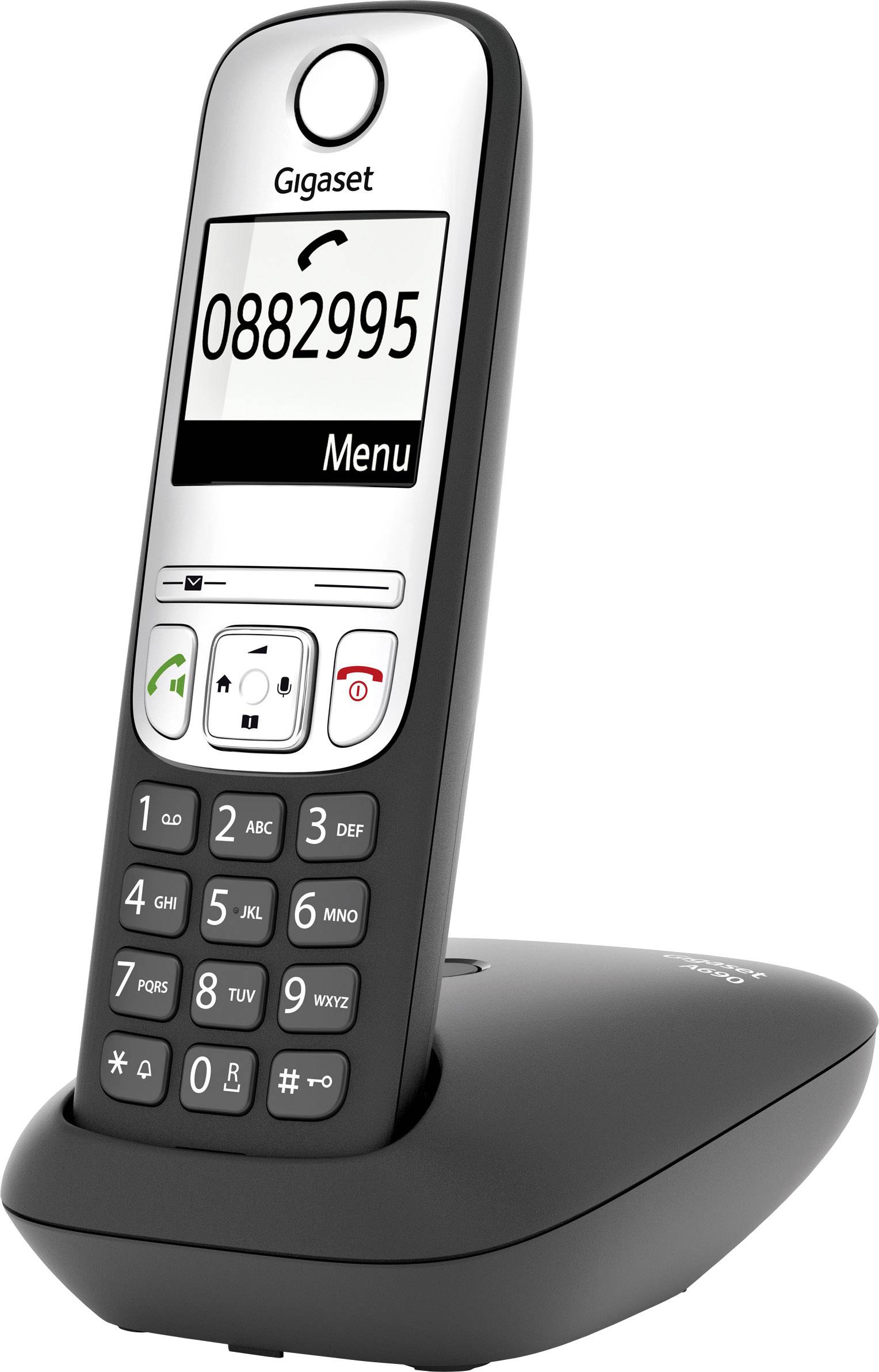 Téléphone sans fil avec boîtier noir, affichant le numéro '0882995' sur l'écran. L'appareil est posé sur sa station de charge.