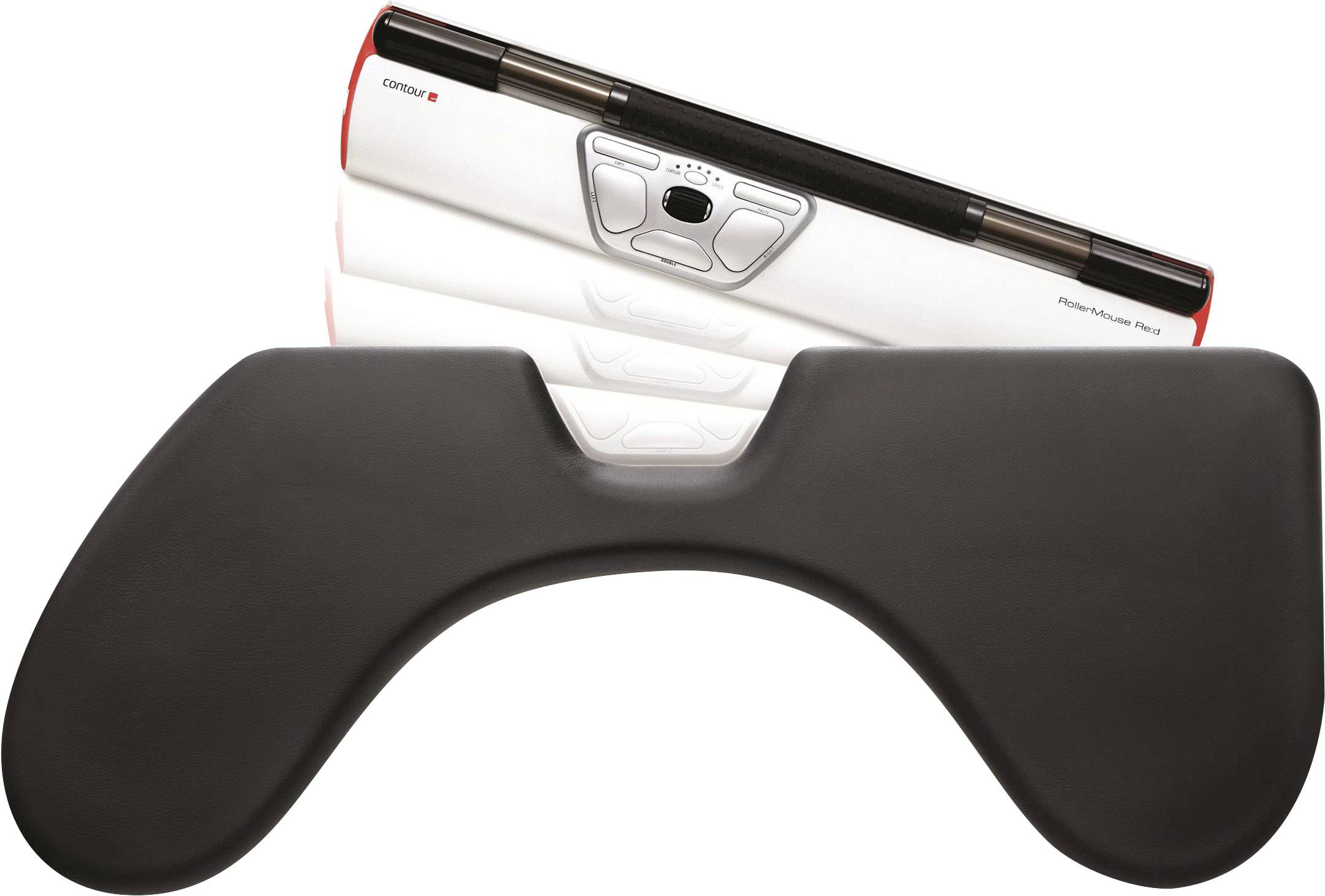Un repose-poignet ergonomique avec commande de souris intégrée en noir et blanc. Développé pour soulager la fatigue des mains.