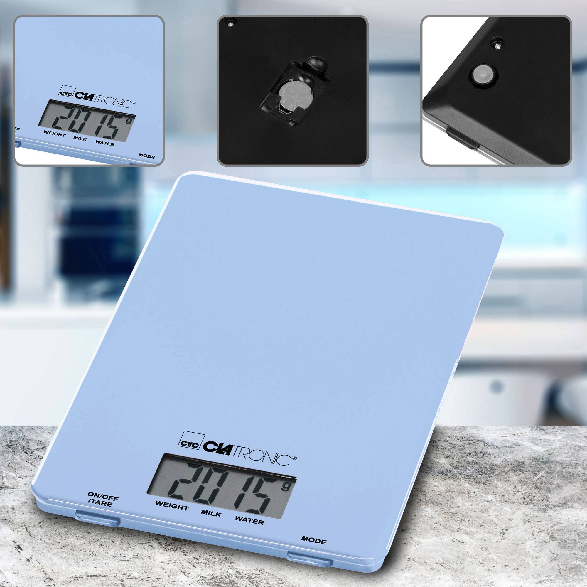 Balance de cuisine électronique de Clatronic avec écran LCD bien lisible, fonctionnement sur batterie, grande stabilité grâce à des pieds antidérapants en caoutchouc.