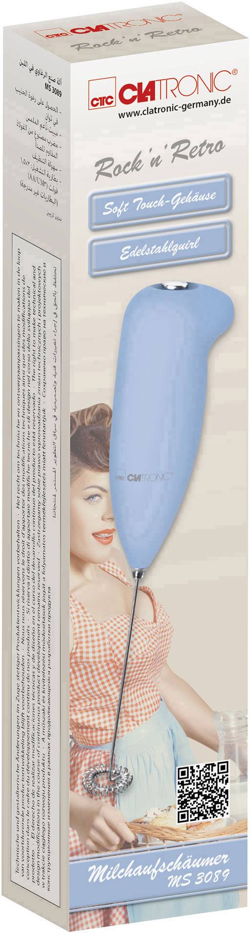 Emballage de mousseur à lait avec un appareil bleu, portant l'inscription 'Rock 'n' Retro' et une image d'une femme dans un style rétro. Marque 'Clatronic'.