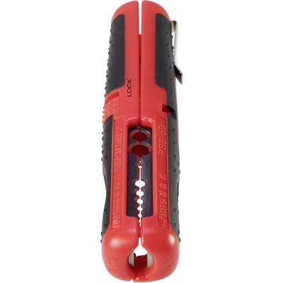 Pince à dénuder les câbles rouge et noire avec un mécanisme de verrouillage et différentes marques de tailles de fils sur la lame.