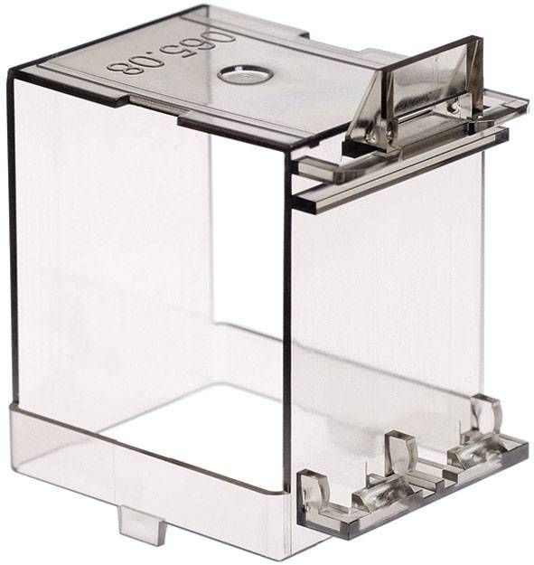 Couverture transparente en plastique avec des mécanismes de fixation sur la face inférieure, probablement destinée à protéger ou à installer certains objets.