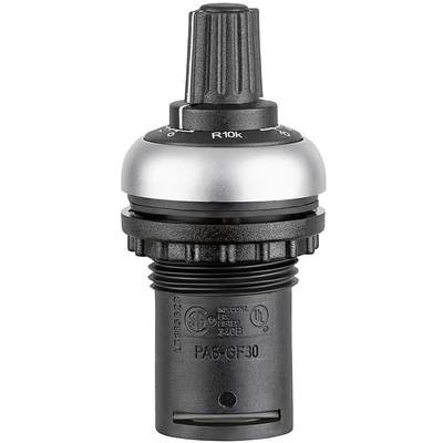 Potentiomètre électronique avec bouton cranté et bagues de réglage, boîtier noir. Adapté pour les réglages de précision dans les appareils électroniques.