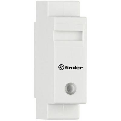 Un boîtier de relais électrique blanc de la marque 'Finder' avec un petit bouton rond gris en bas.