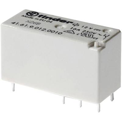 Un relais blanc avec des broches métalliques. Inscription : « Finder », « 12V », « 16A 250V~ ».
