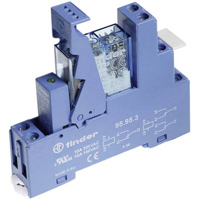 Un relais électrique bleu de Finder avec un boîtier transparent montre ses composants internes. Les spécifications techniques imprimées sont visibles.