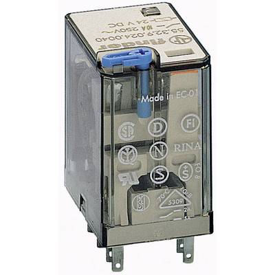 Un boîtier de relais transparent avec une bobine bleue et plusieurs symboles électriques et certificats sur la surface.