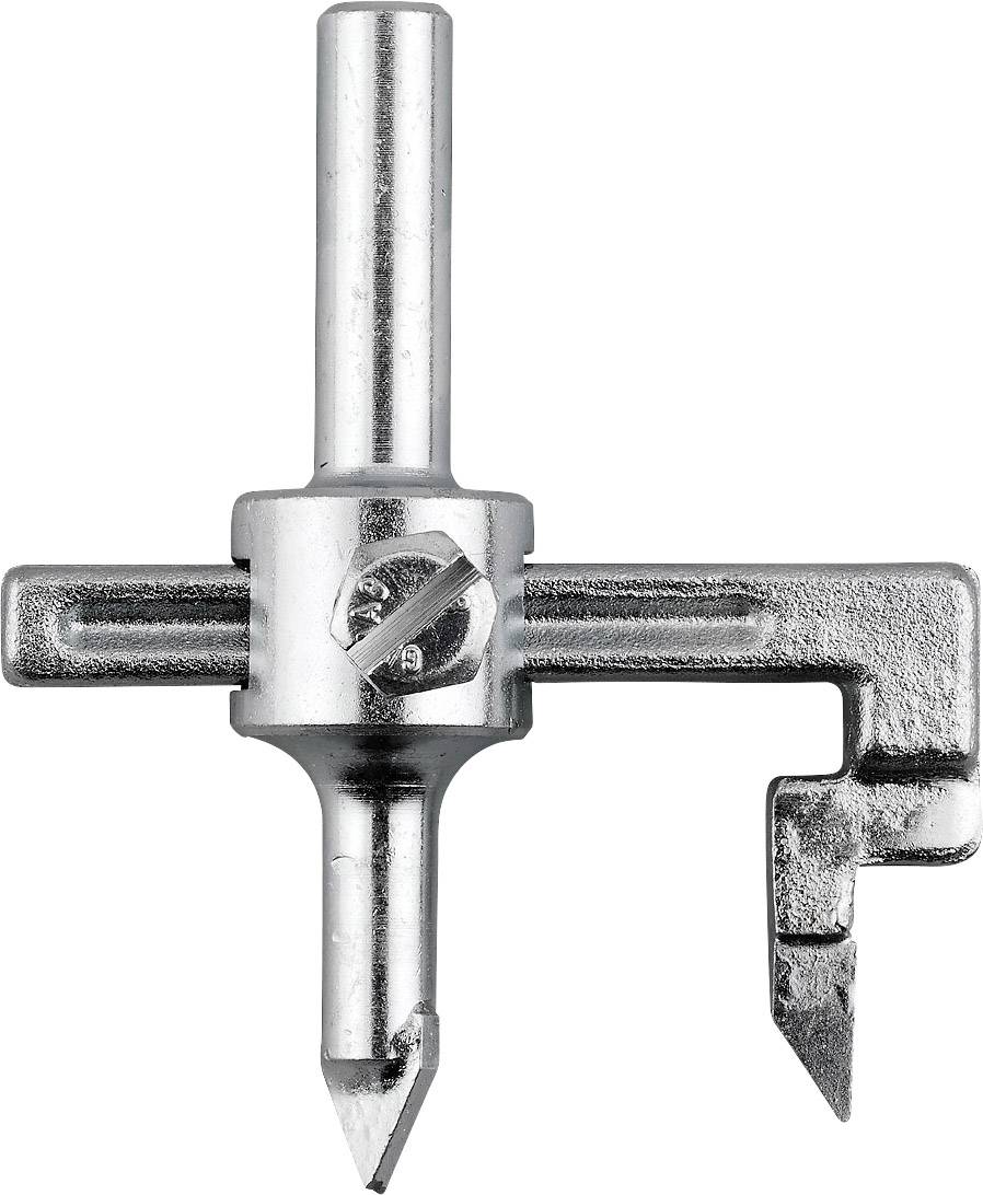 Un coupe-cercle argenté avec une pointe tranchante et une largeur réglable. Adapté pour découper des ouvertures circulaires dans divers matériaux.