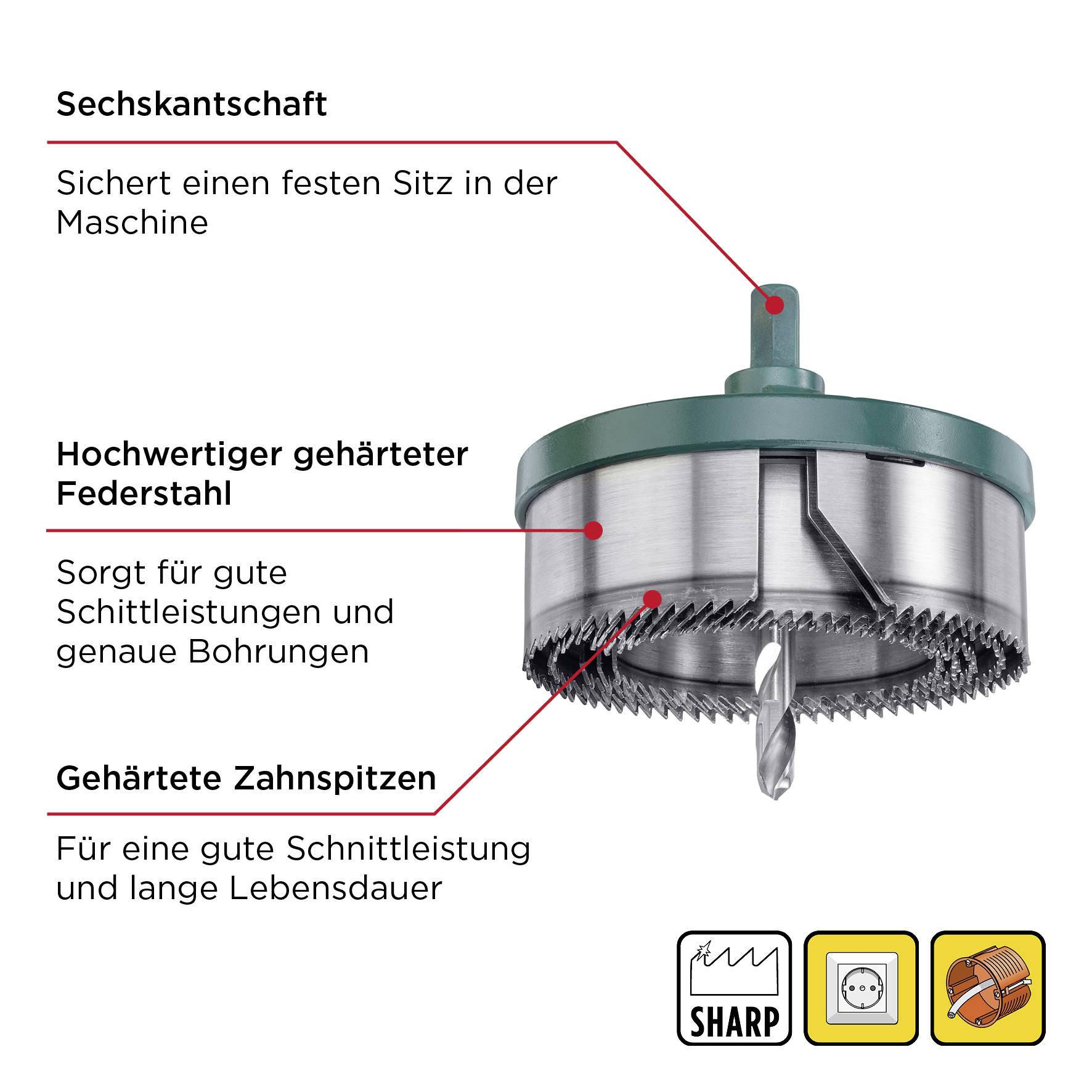 Image d'une scie cloche avec tige hexagonale. Légendes : 'Tige hexagonale', 'Acier à ressort trempé de haute qualité', 'Pointes de dents durcies', Symboles en bas.