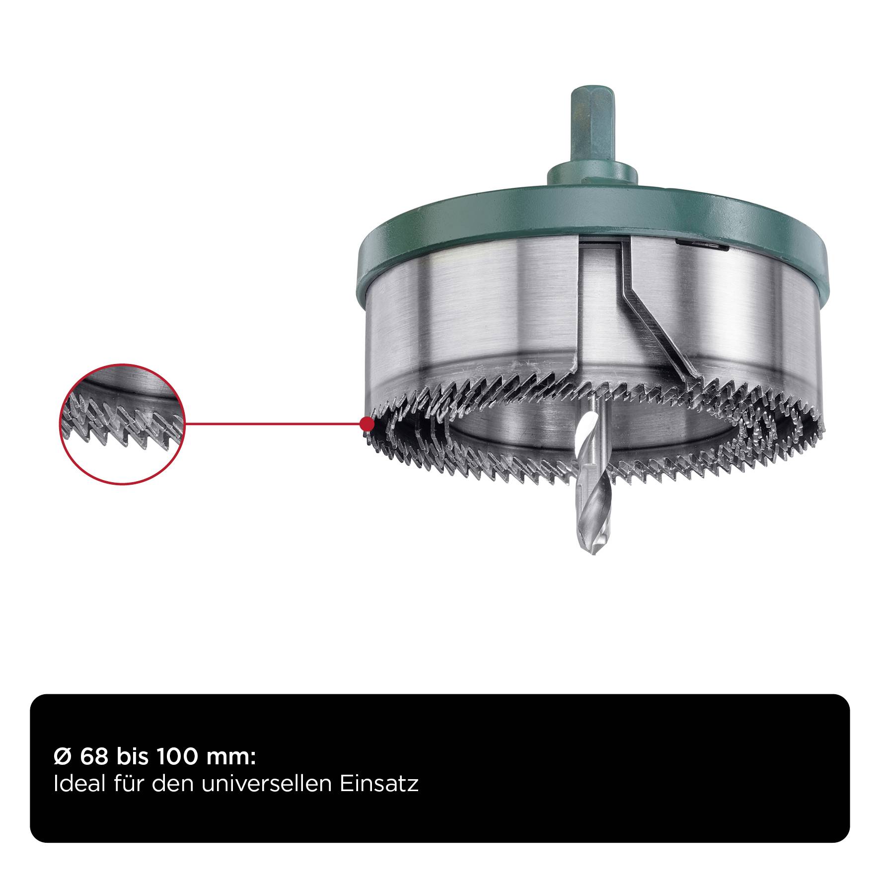 Couronne de forage en métal de Ø 68 à 100 mm, vue détaillée des dents. Utilisable pour un usage universel.