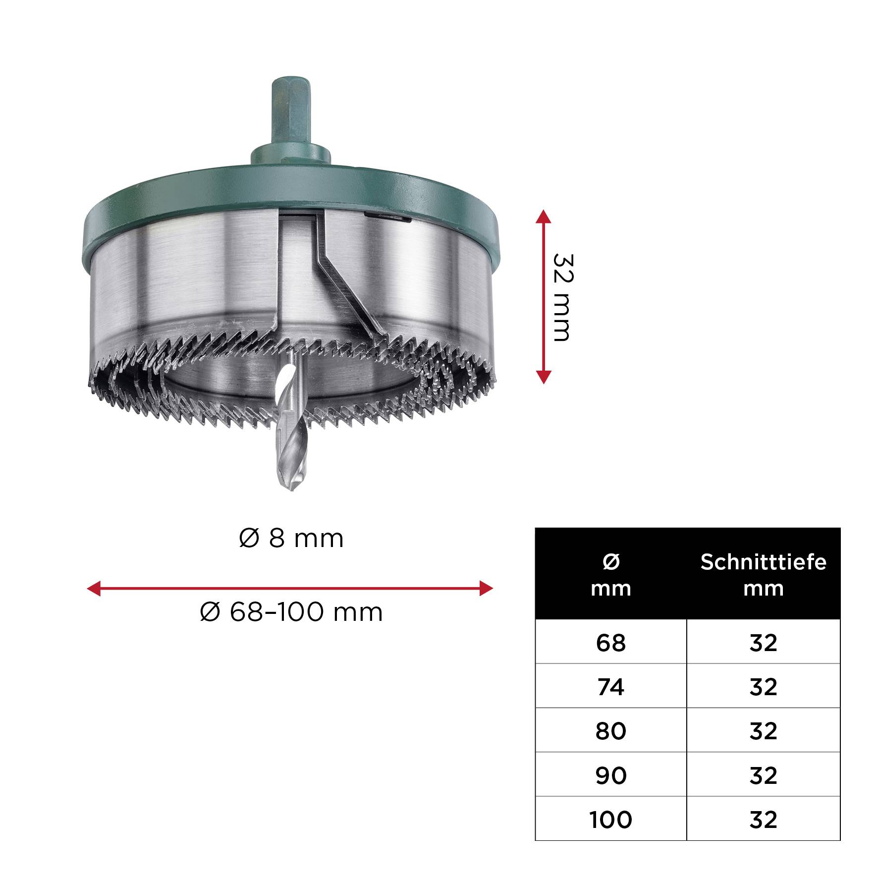Couronne de forage à diamètre ajustable de 68 à 100 mm et profondeur de coupe de 32 mm. Le tableau indique le diamètre et la profondeur de coupe.