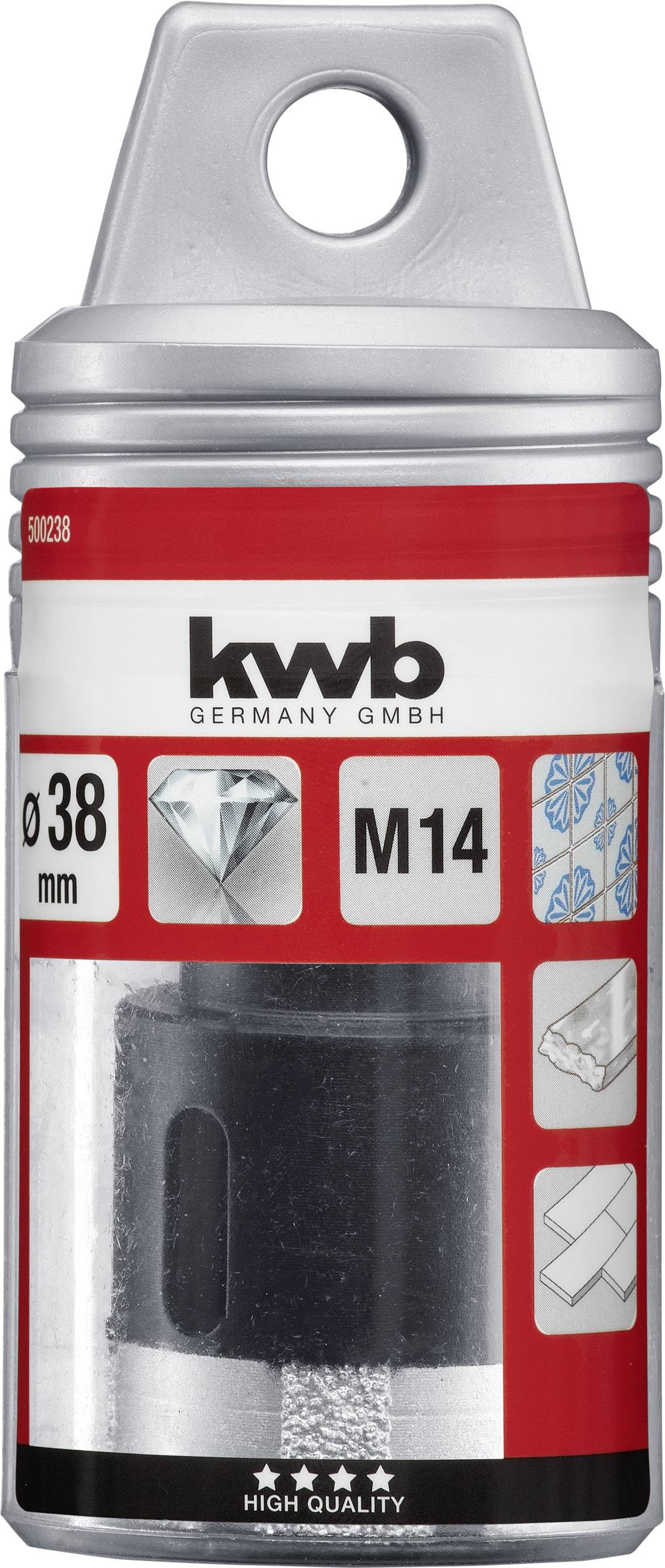 Scie-trépan 'Kwb Germany GmbH' de 38 mm de diamètre, connexion M14, pour carrelages et autres matériaux, en emballage plastique.
