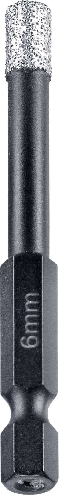 Foret diamanté de 6 mm avec tige hexagonale, adapté pour un perçage précis dans des matériaux durs tels que les carrelages ou le verre.