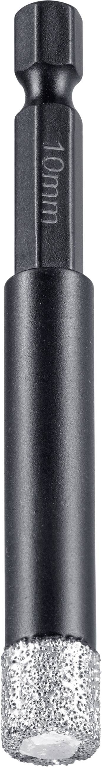 Foret diamanté de 10 mm de diamètre, adapté aux matériaux durs tels que la céramique ou le verre. Tige noire, pointe argentée.