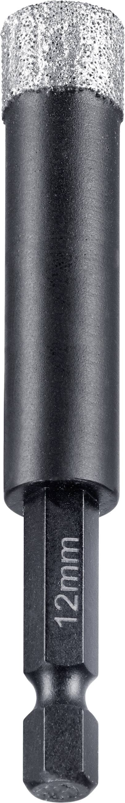 Embout de forage de 12 mm de diamètre, adapté pour les perçages sur carrelage ou verre. Tige noire avec pointe brillante.