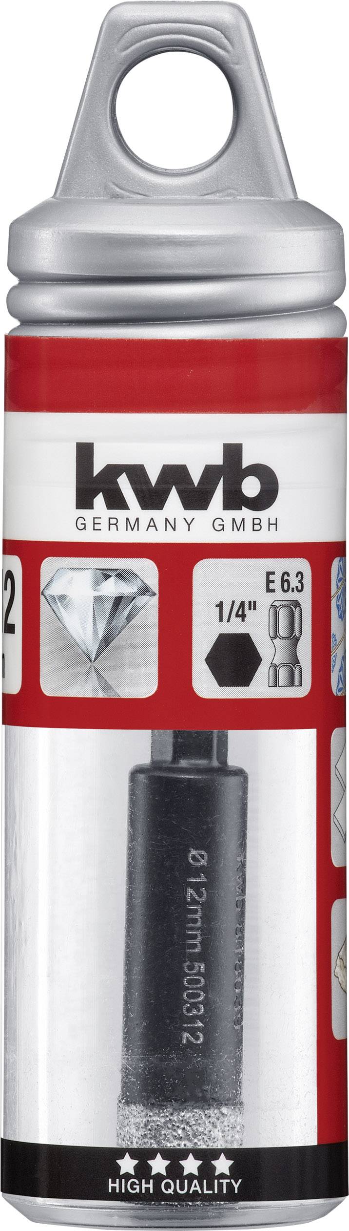 Boîte de rangement pour forets avec couvercle gris, étiquette rouge et blanche, portant l'inscription 'kwb GERMANY GMBH', représentation d'un foret et symbole du diamant.