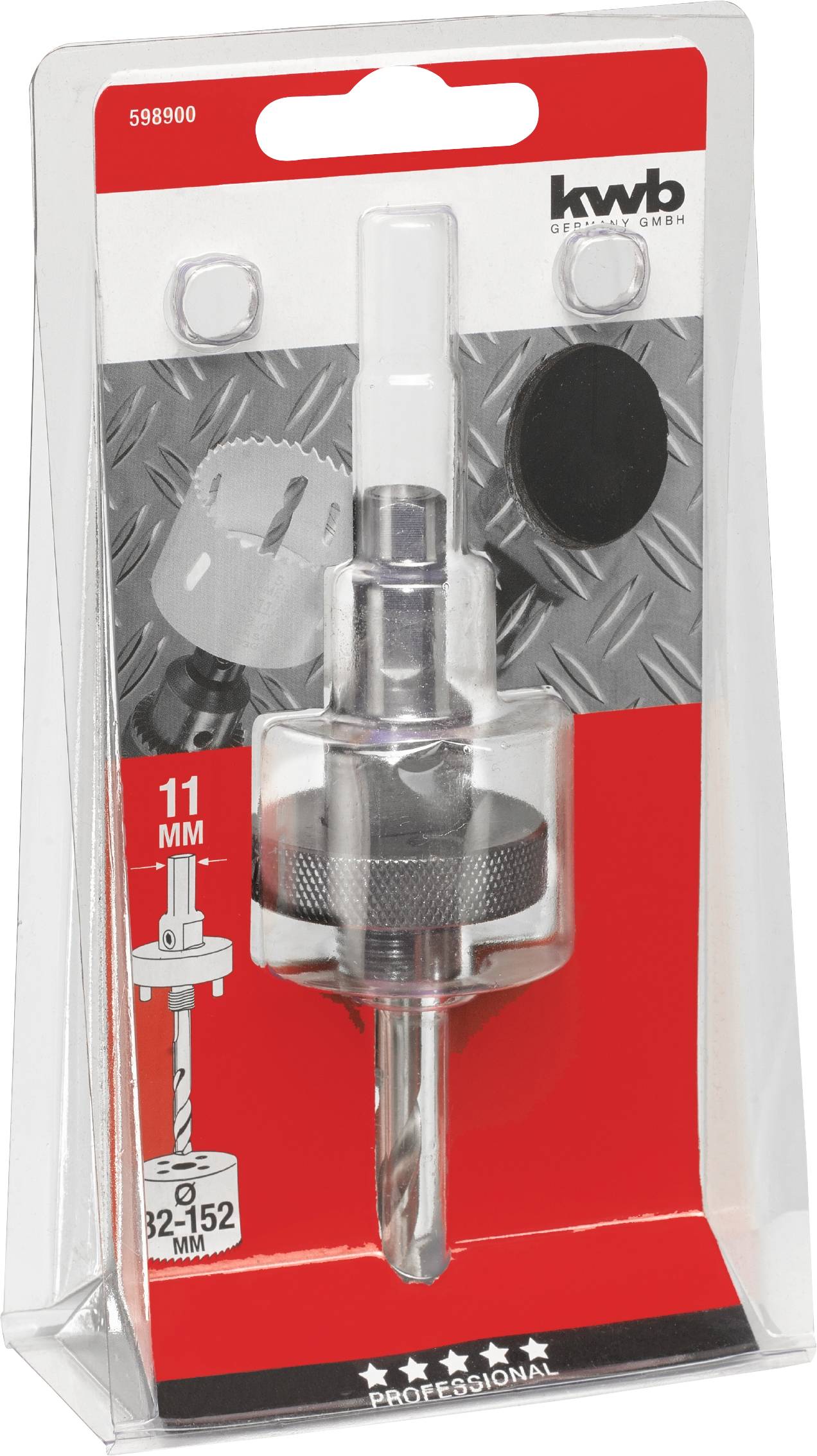 Emballage d'un adaptateur de scie cloche avec foret, marqué 11 mm, compatible avec des scies cloches de 32-152 mm, de la marque KWB.