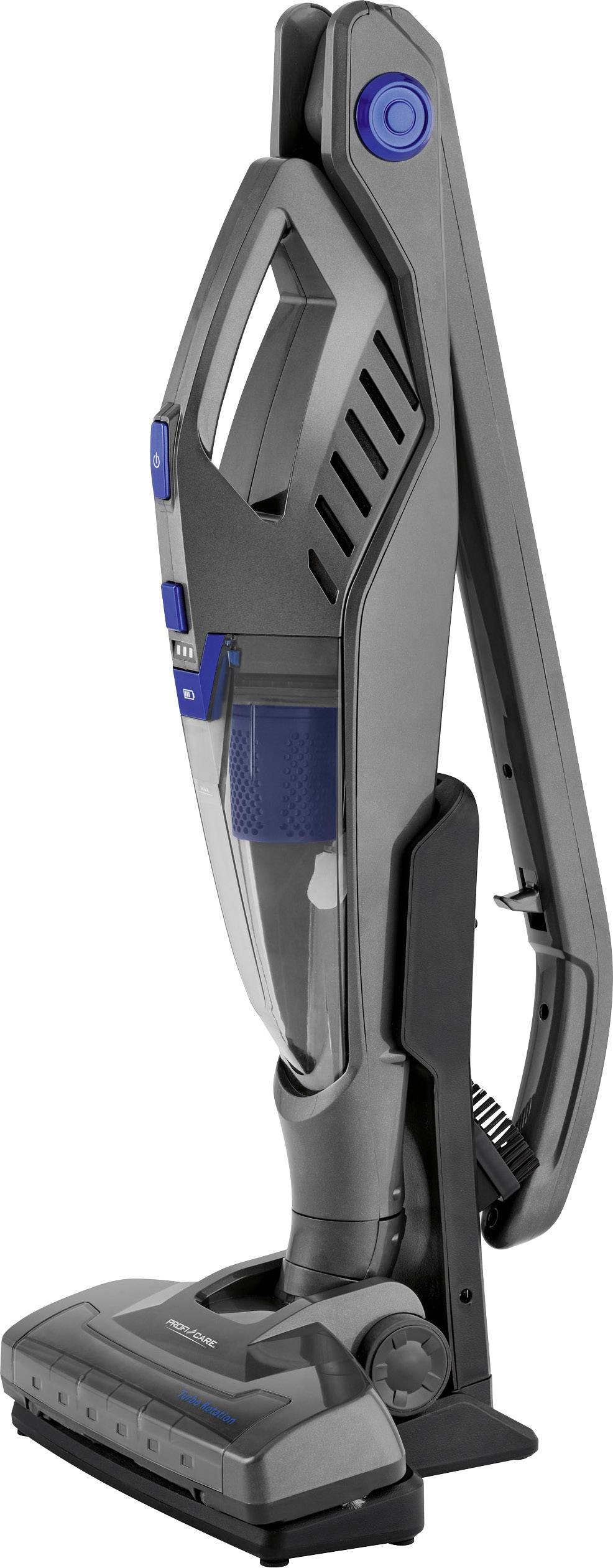 Un aspirateur sans fil gris, vertical, avec un accent bleu et un réservoir à poussière transparent.