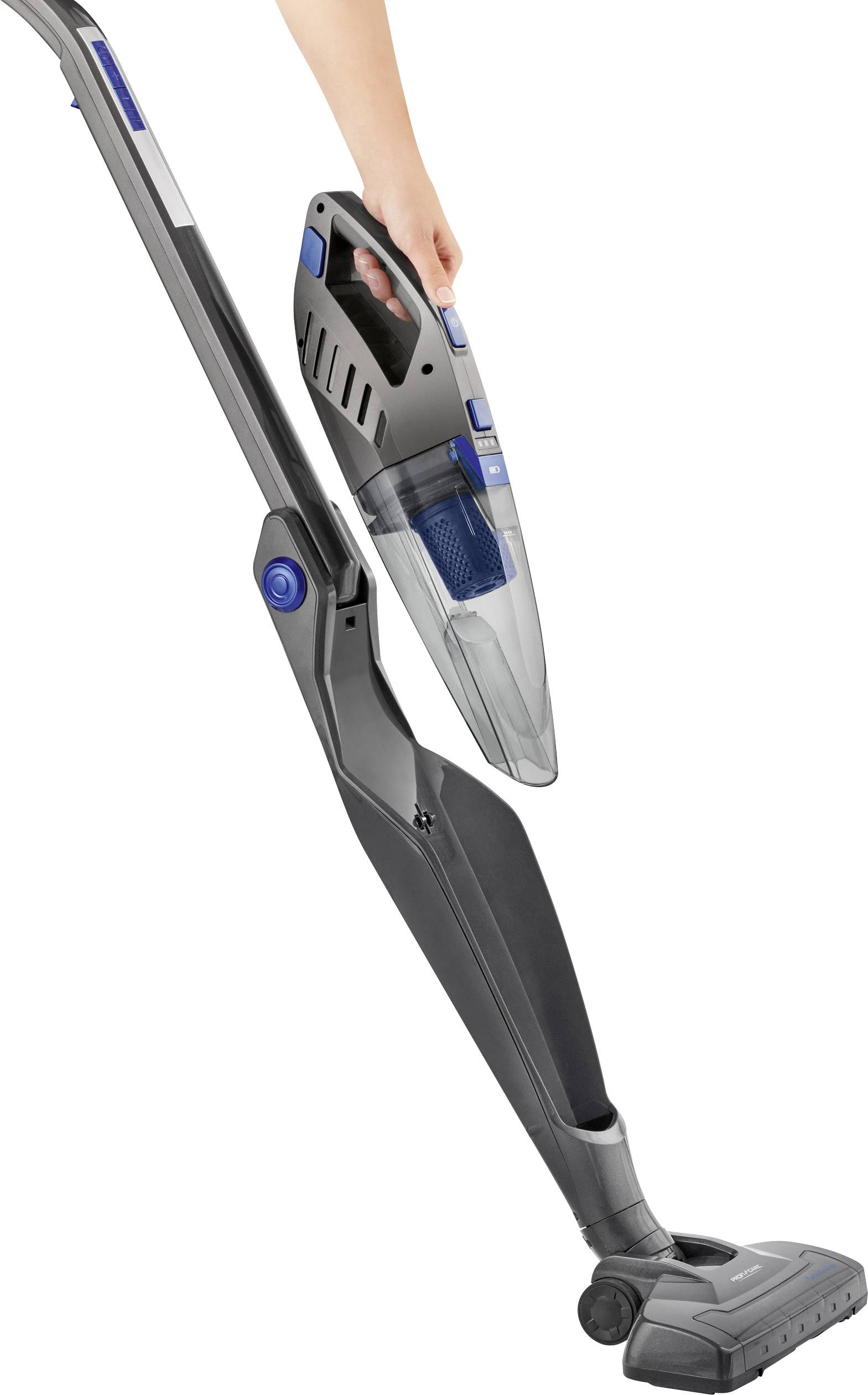 Un aspirateur noir sans fil avec un aspirateur à main amovible en couleur d'accentuation bleue. Une main tient la partie détachable.