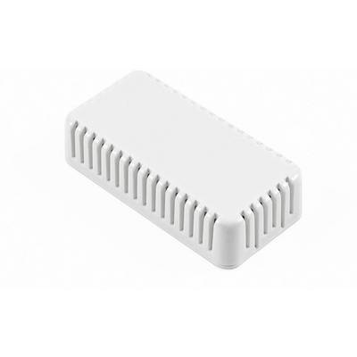 Un dispositif rectangulaire blanc en plastique aux bords aérés, posé sur une surface blanche.