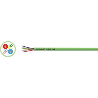 Un câble vert portant l'inscription 'HELUKABEL KNX-BUS PVC'. À côté, un symbole représentant des connexions de câbles de différentes couleurs.