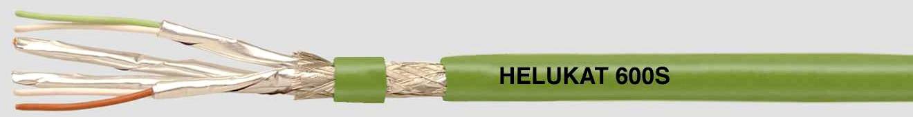 Câble Ethernet vert et blindé portant l'inscription 'HELUFON 600S', révélant ses paires de fils argentés à l'intérieur.